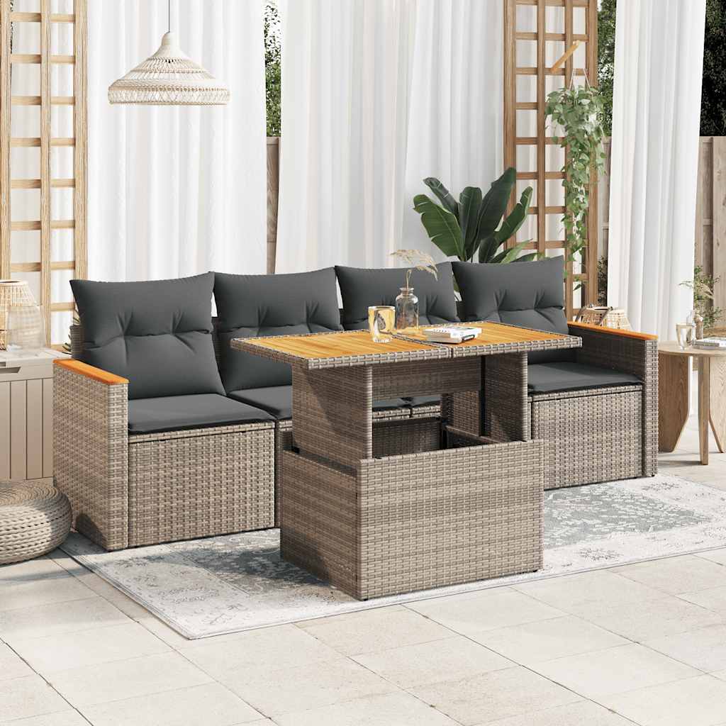 vidaXL 5-tlg. Garten-Sofagarnitur mit Kissen Grau Poly Rattan Akazie