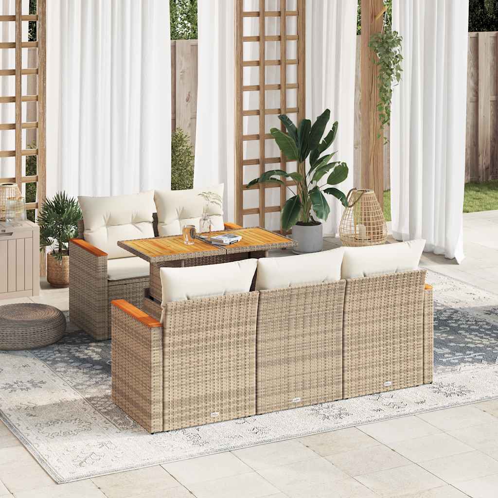 vidaXL 6-tlg. Garten-Sofagarnitur mit Kissen Beige Poly Rattan Akazie