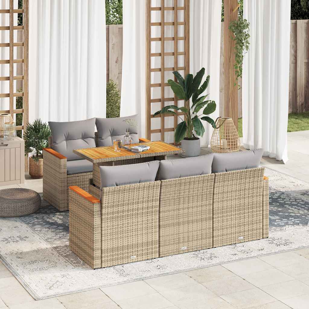 vidaXL 6-tlg. Garten-Sofagarnitur mit Kissen Beige Poly Rattan Akazie