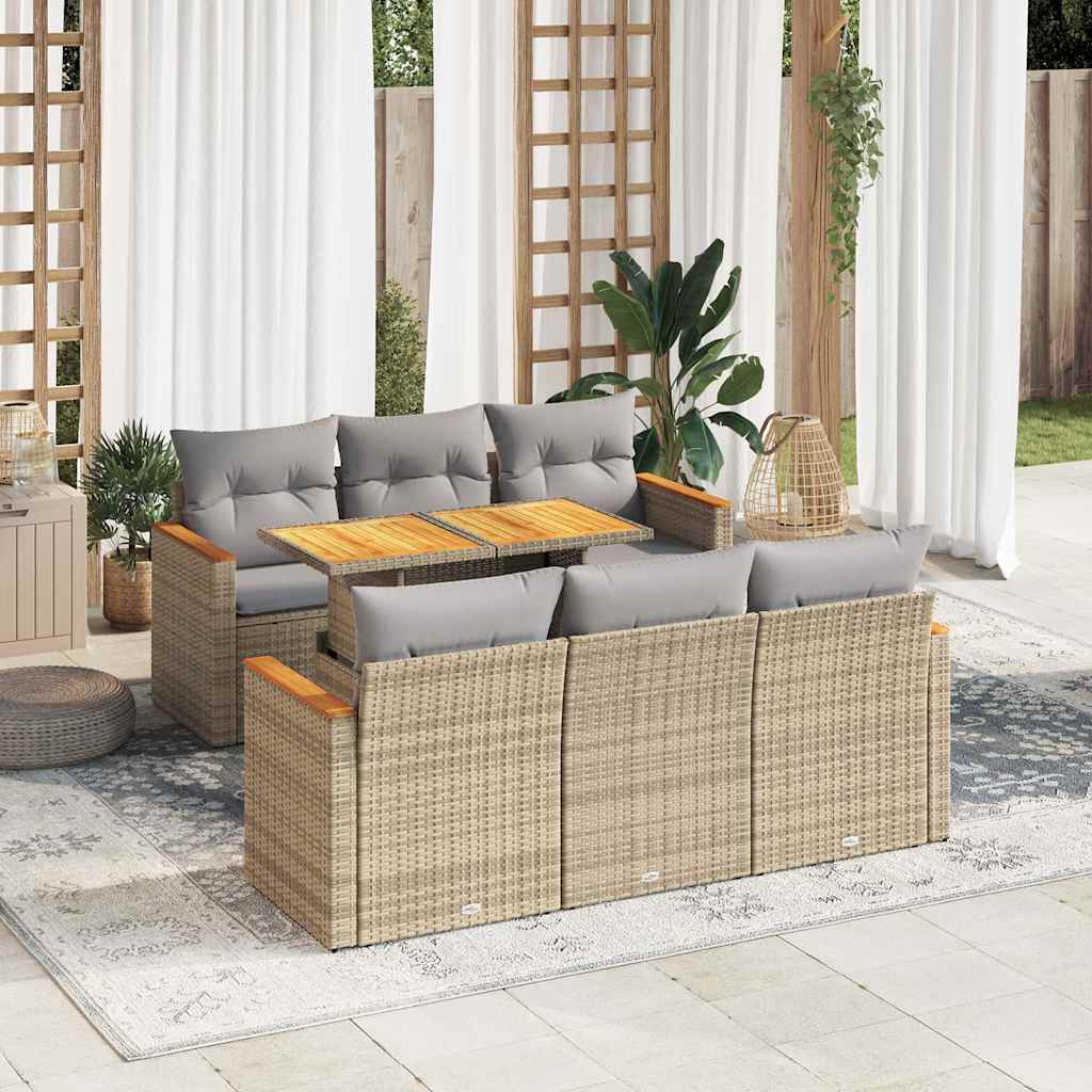 vidaXL 7-tlg. Garten-Sofagarnitur mit Kissen Beige Poly Rattan Akazie