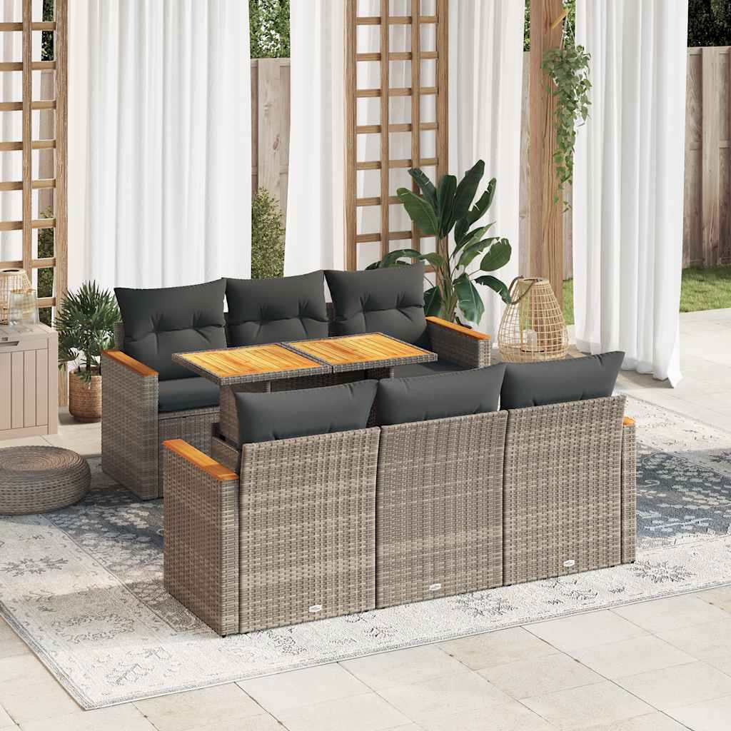 vidaXL 7-tlg. Garten-Sofagarnitur mit Kissen Grau Poly Rattan Akazie