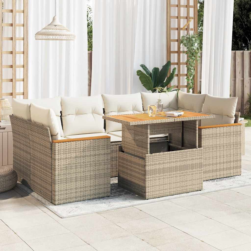 vidaXL 6-tlg. Garten-Sofagarnitur mit Kissen Beige Poly Rattan Akazie