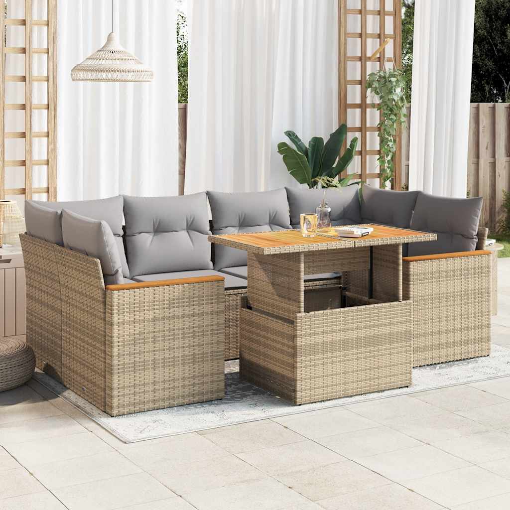 vidaXL 6-tlg. Garten-Sofagarnitur mit Kissen Beige Poly Rattan Akazie