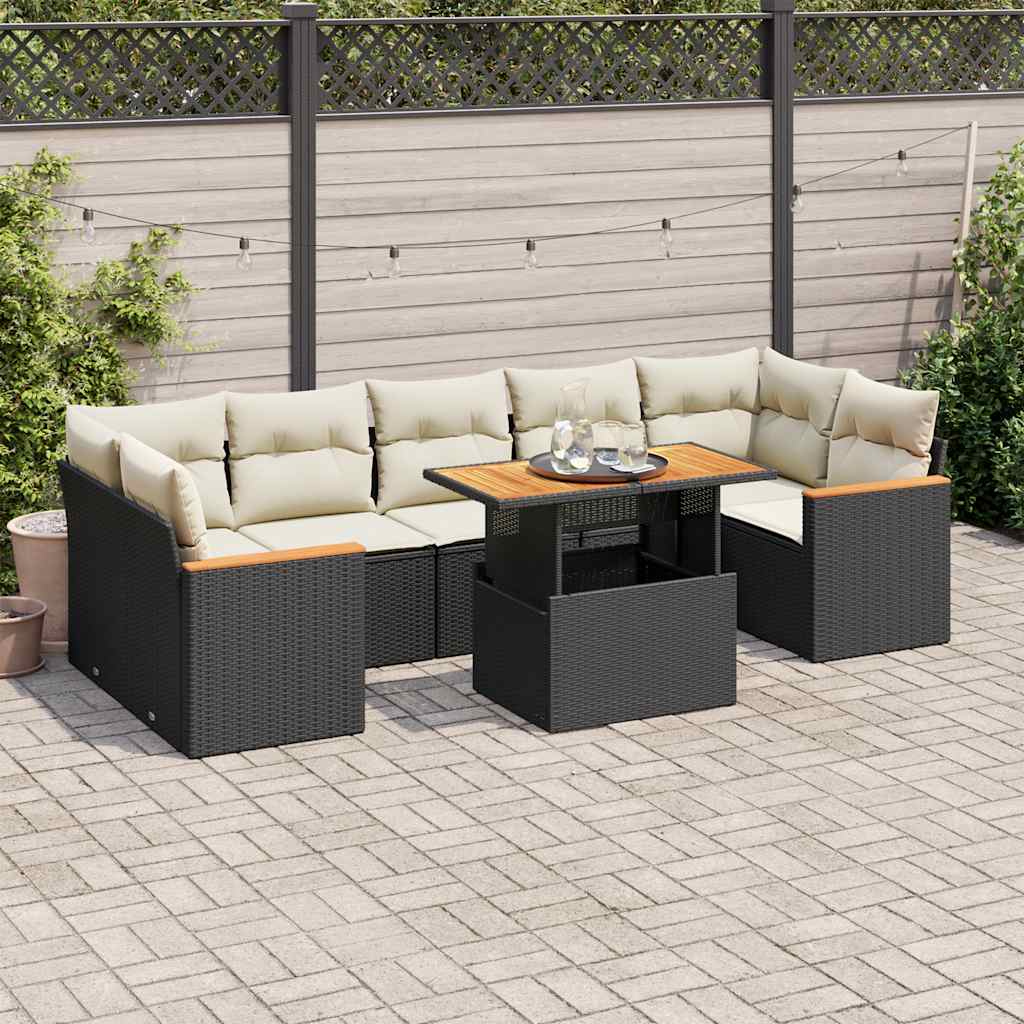 vidaXL Set mobilier grădină perne 8 piese negru, poliratan/lemn acacia