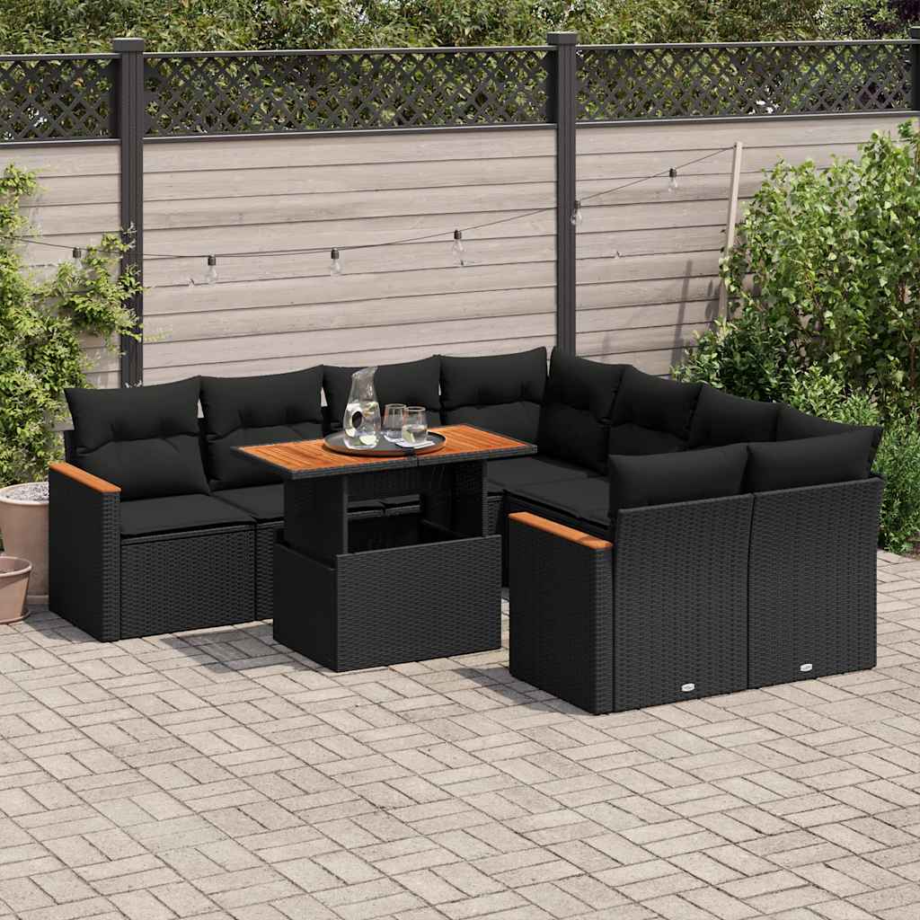 vidaXL 9-tlg. Garten-Sofagarnitur mit Kissen Schwarz Poly Rattan