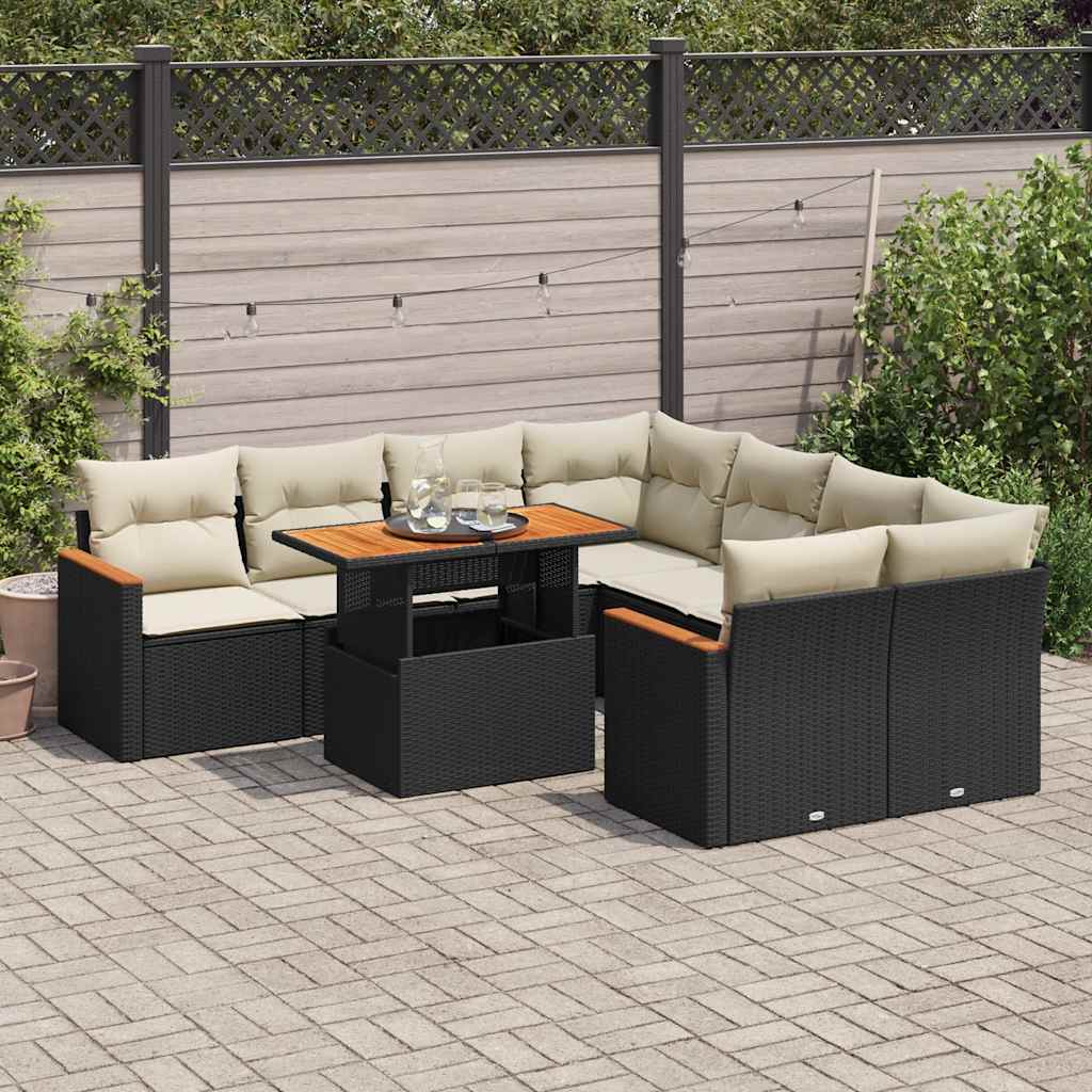 vidaXL 9-tlg. Garten-Sofagarnitur mit Kissen Schwarz Poly Rattan