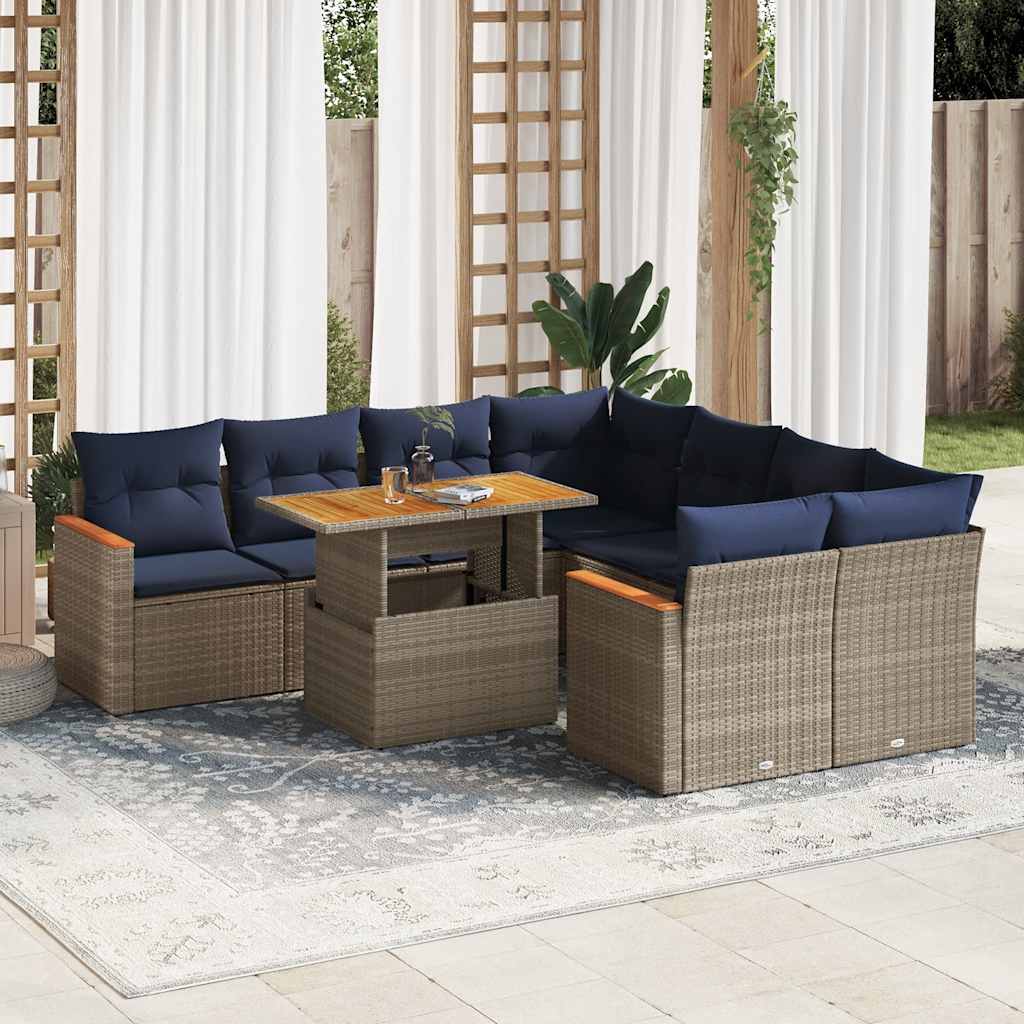 vidaXL Set canapele de grădină, 9 piese, cu perne, gri, poliratan