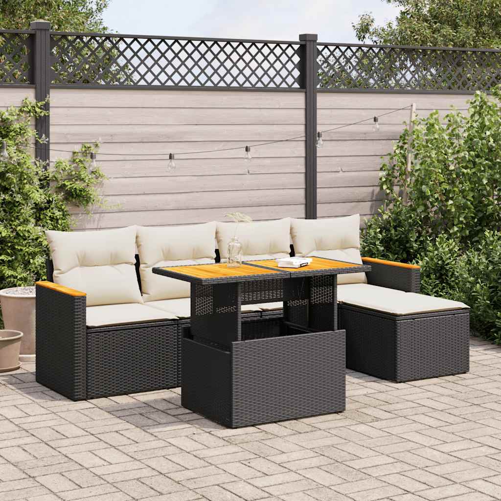 vidaXL 6-tlg. Garten-Sofagarnitur mit Kissen Schwarz Poly Rattan