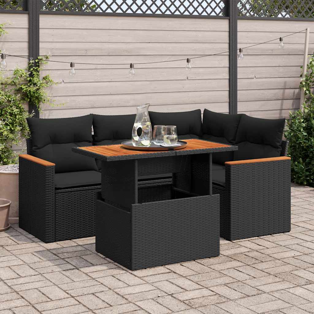 vidaXL 5tlg. Garten-Sofagarnitur mit Kissen Schwarz Poly Rattan Akazie