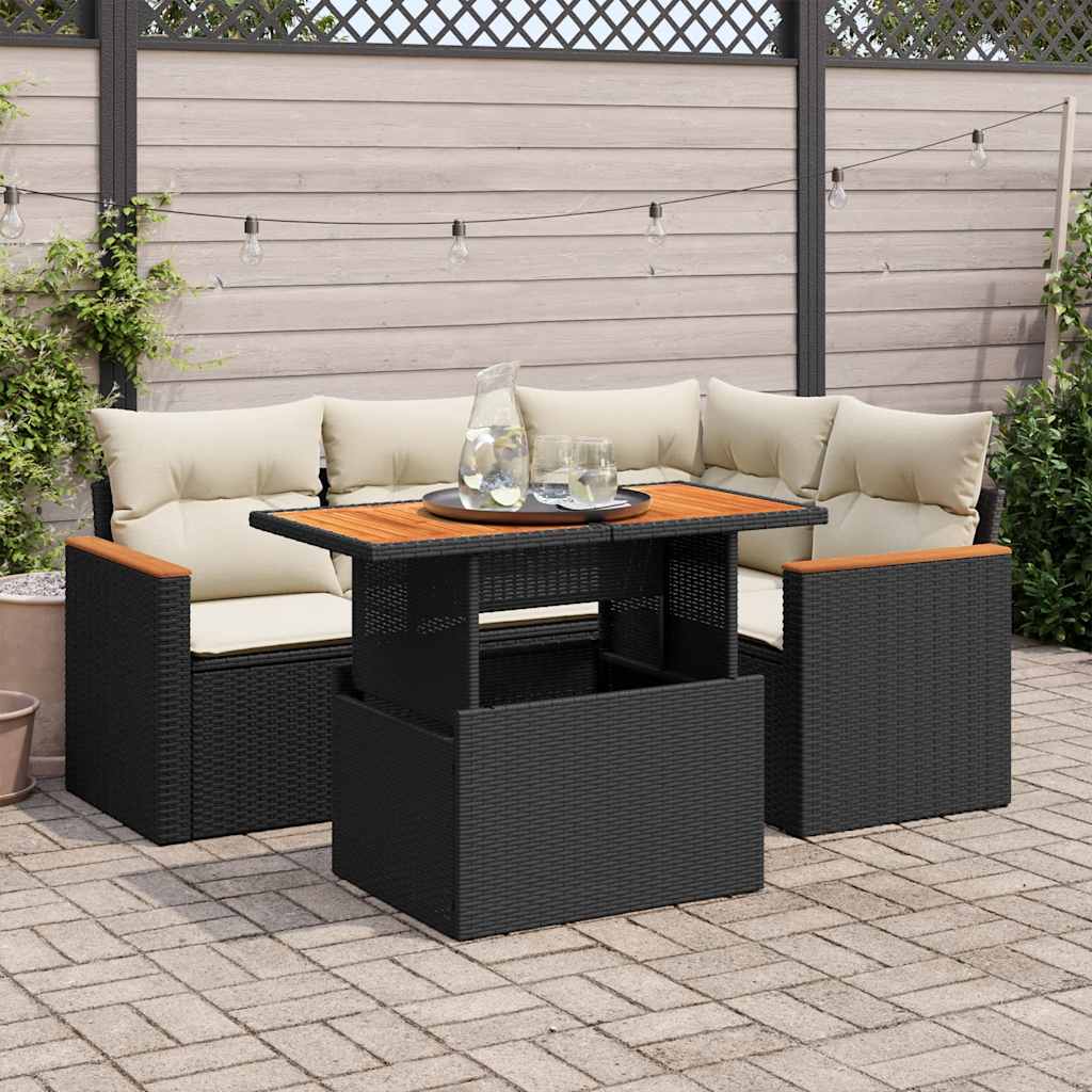 vidaXL 5tlg. Garten-Sofagarnitur mit Kissen Schwarz Poly Rattan Akazie