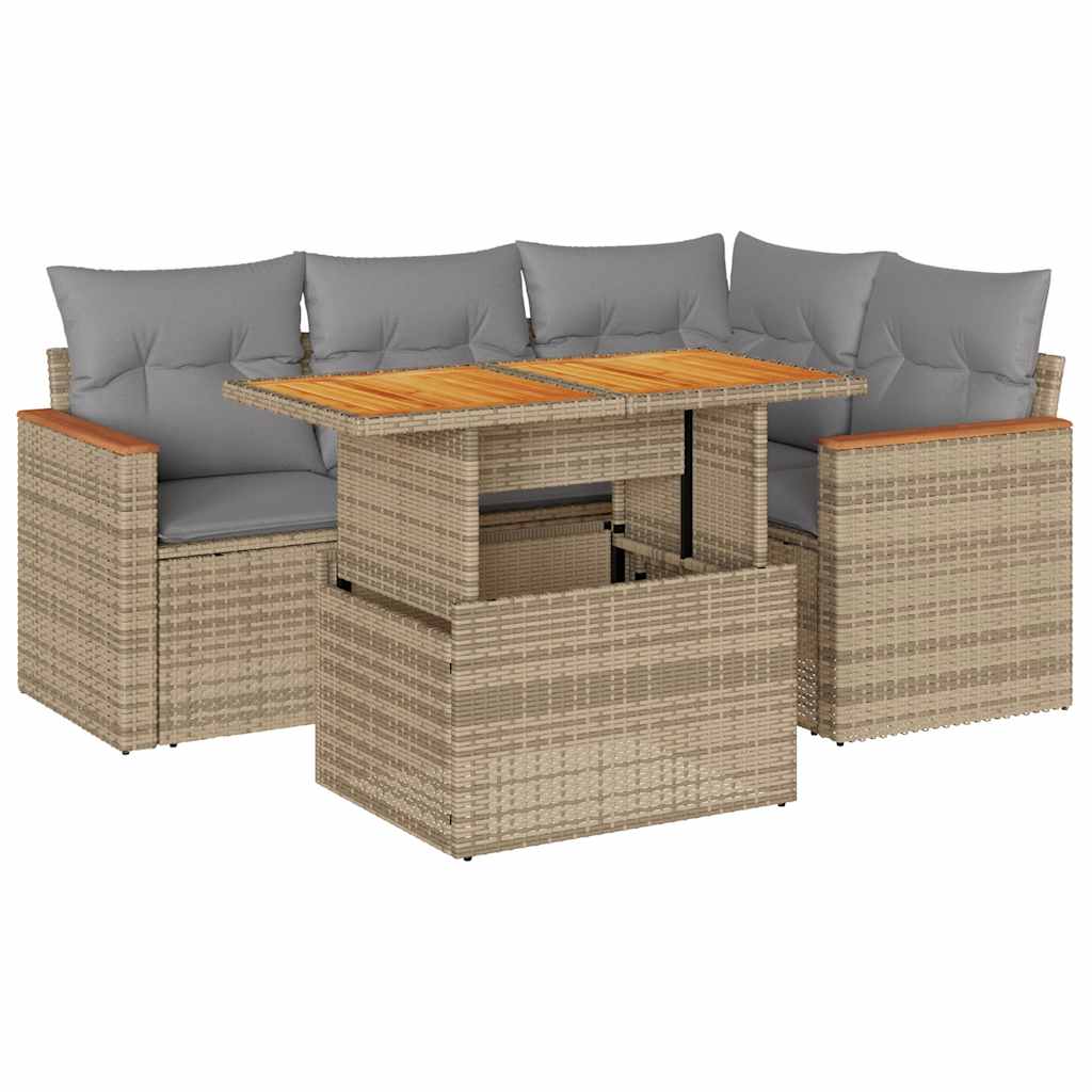 Thumbnail - vidaXL 5-tlg. Garten-Sofagarnitur mit Kissen Beige Poly Rattan Akazie