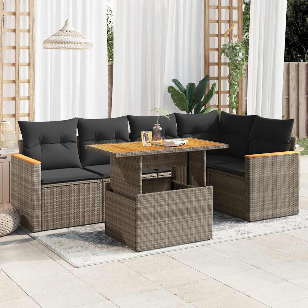 vidaXL 6-tlg. Garten-Sofagarnitur mit Kissen Grau Poly Rattan Akazie