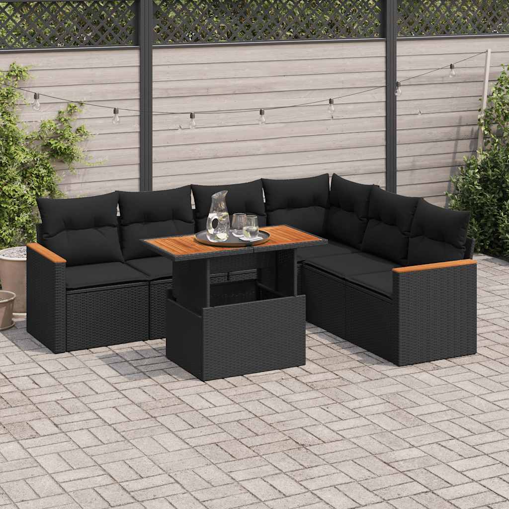 vidaXL 7-tlg. Garten-Sofagarnitur mit Kissen Schwarz Poly Rattan