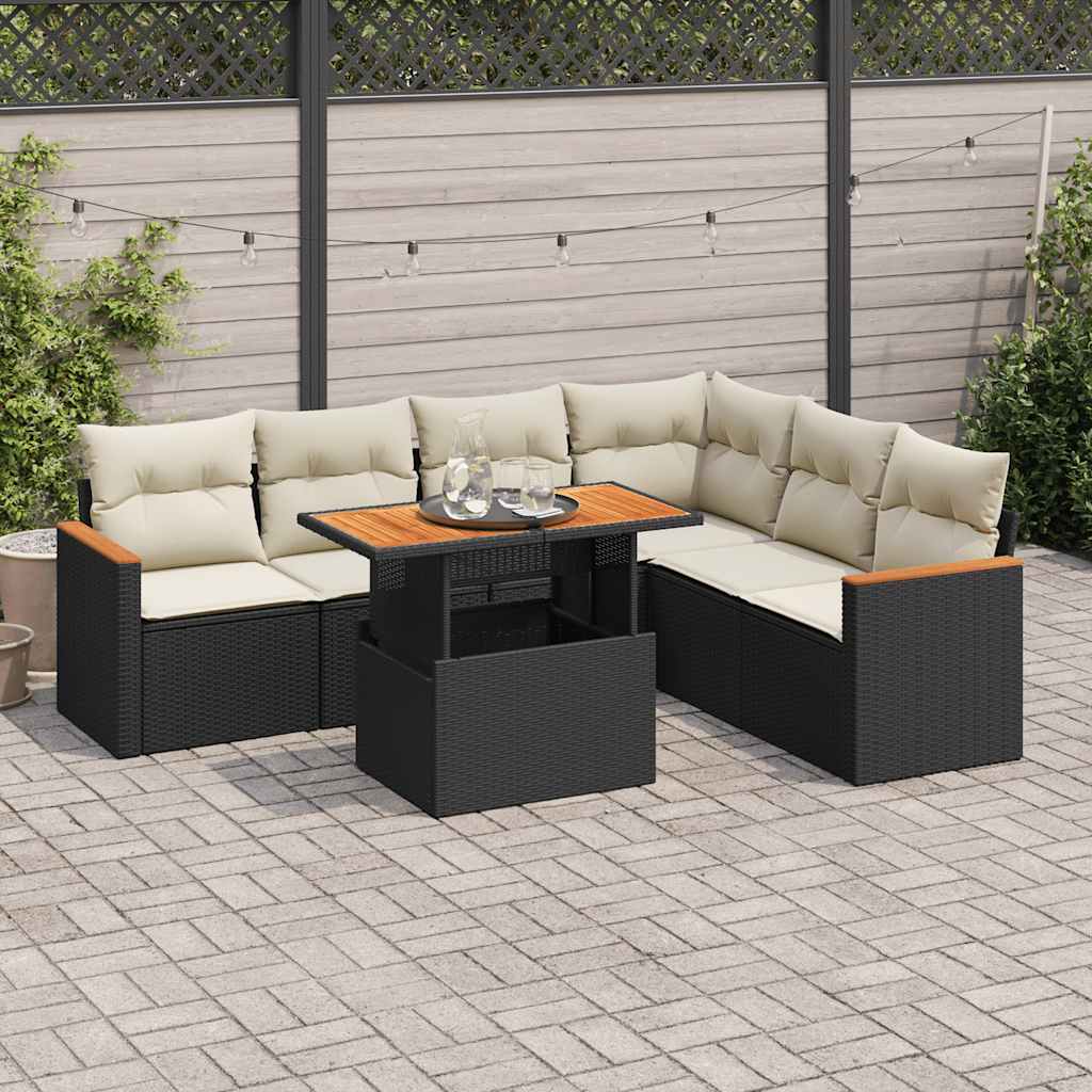 vidaXL 7-tlg. Garten-Sofagarnitur mit Kissen Schwarz Poly Rattan