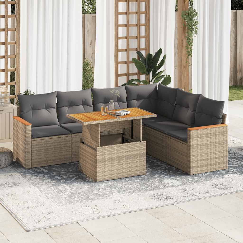 vidaXL 7-tlg. Garten-Sofagarnitur mit Kissen Beige Poly Rattan Akazie