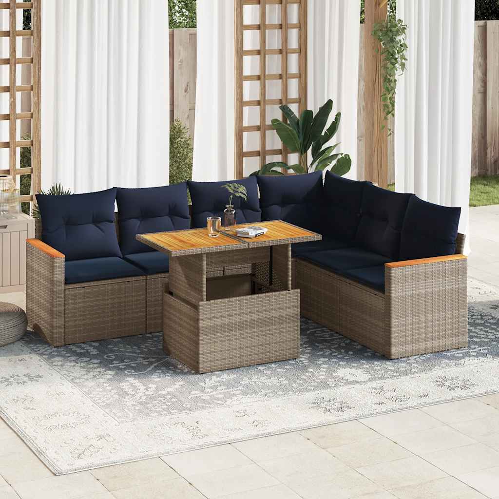 vidaXL 7-tlg. Garten-Sofagarnitur mit Kissen Grau Poly Rattan