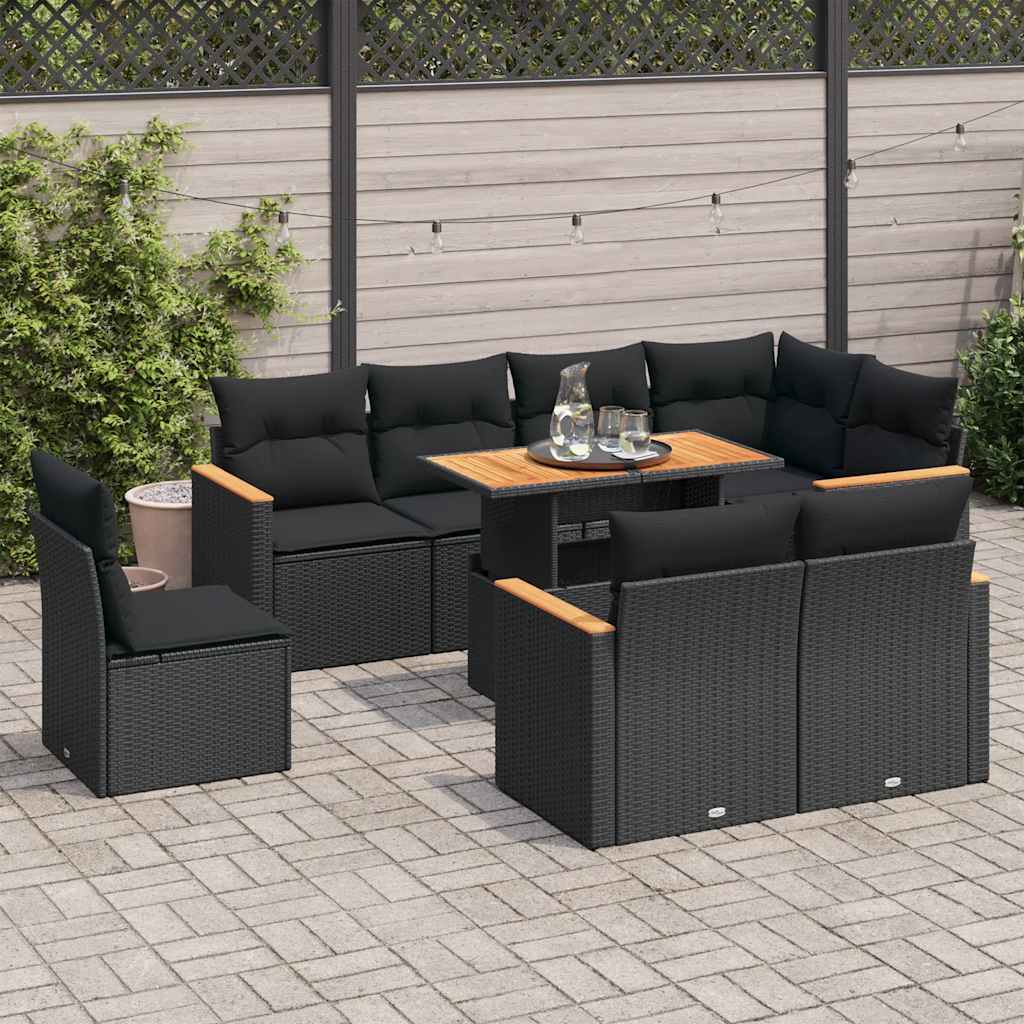 vidaXL 9-tlg. Garten-Sofagarnitur mit Kissen Schwarz Poly Rattan