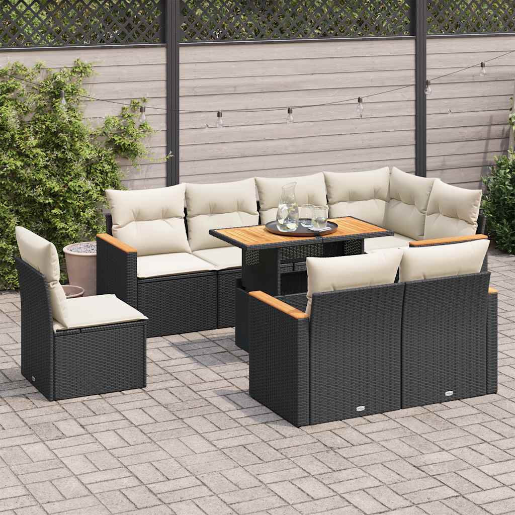 vidaXL 9-tlg. Garten-Sofagarnitur mit Kissen Schwarz Poly Rattan