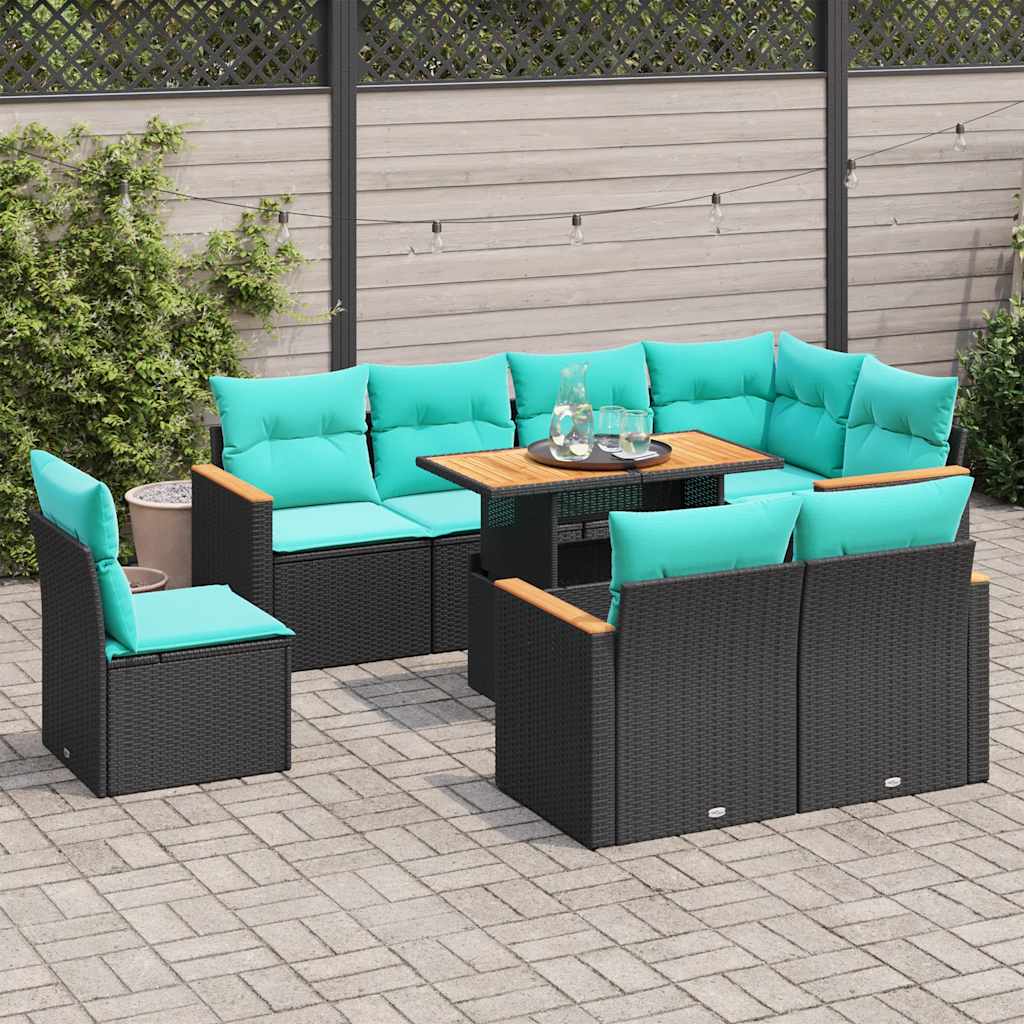 Sofasæt til haven i polyrattan - 9 dele med blå hynder, sort