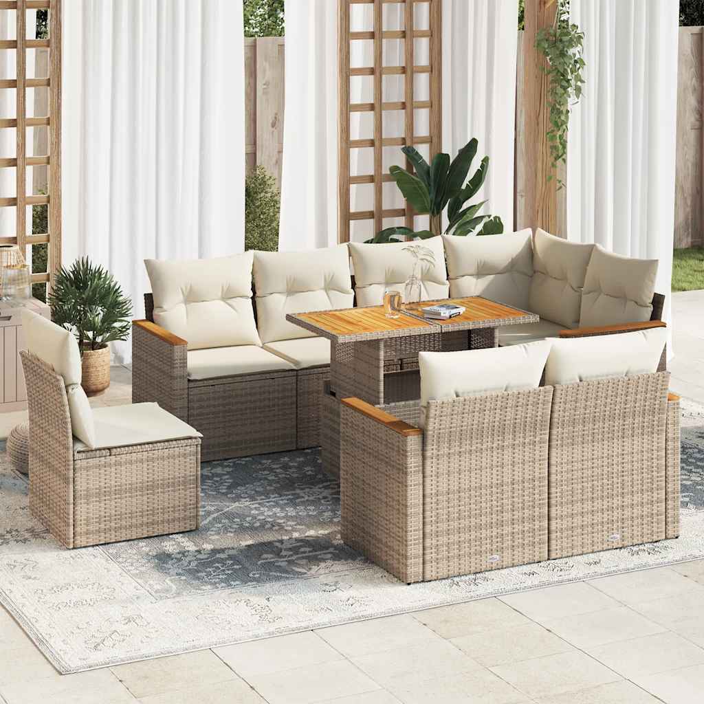 9-tlg. Garten-Sofagarnitur mit Kissen Beige Poly Rattan Akazie