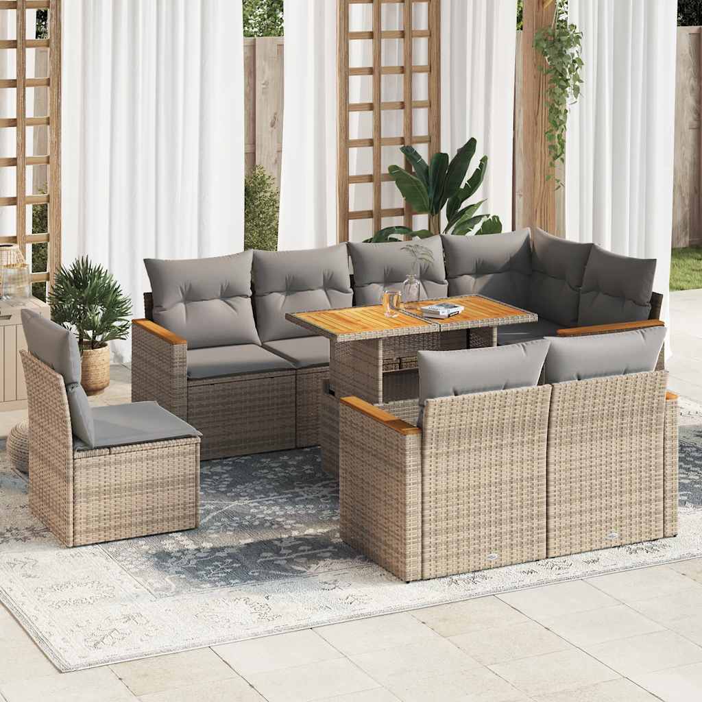 vidaXL 9-tlg. Garten-Sofagarnitur mit Kissen Beige Poly Rattan Akazie