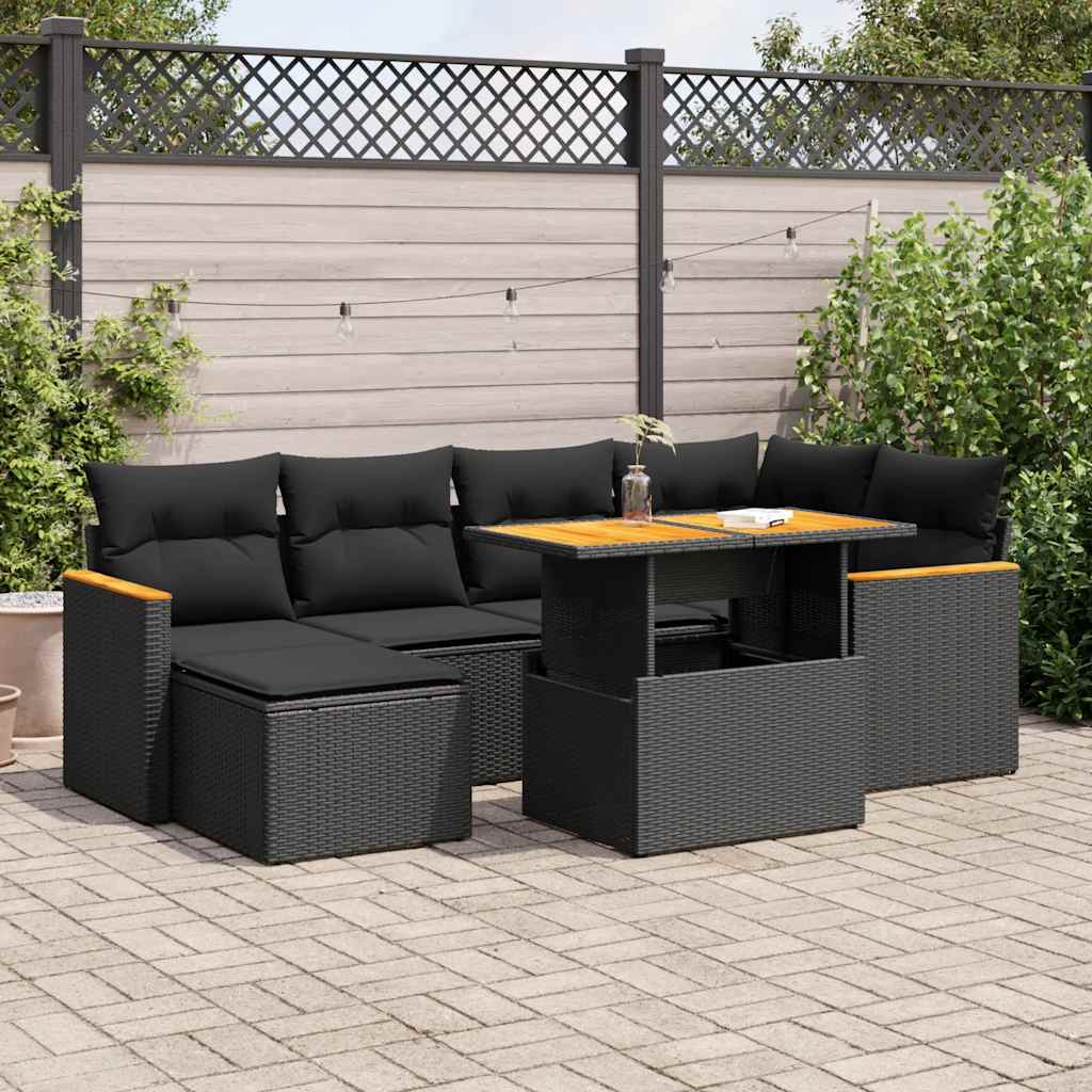 vidaXL 7-tlg. Garten-Sofagarnitur mit Kissen Schwarz Poly Rattan