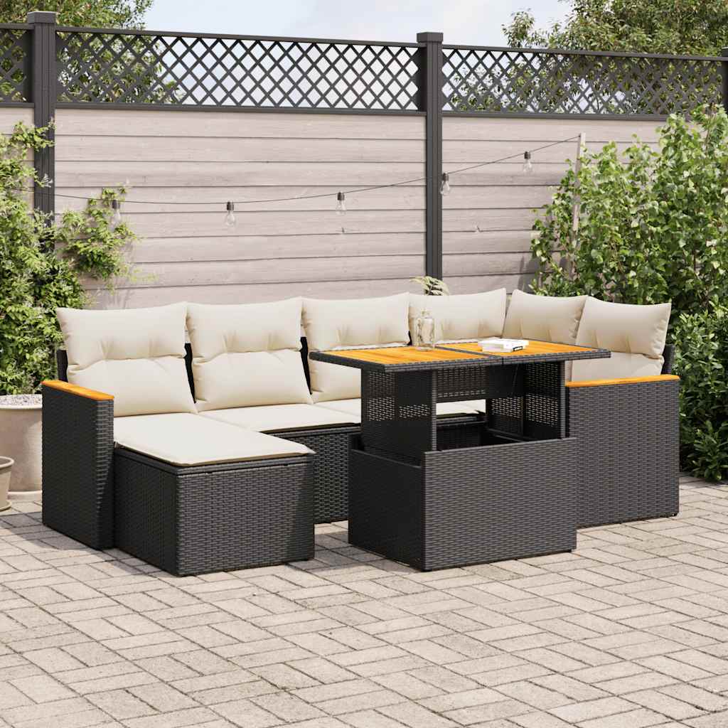 vidaXL 7-tlg. Garten-Sofagarnitur mit Kissen Schwarz Poly Rattan