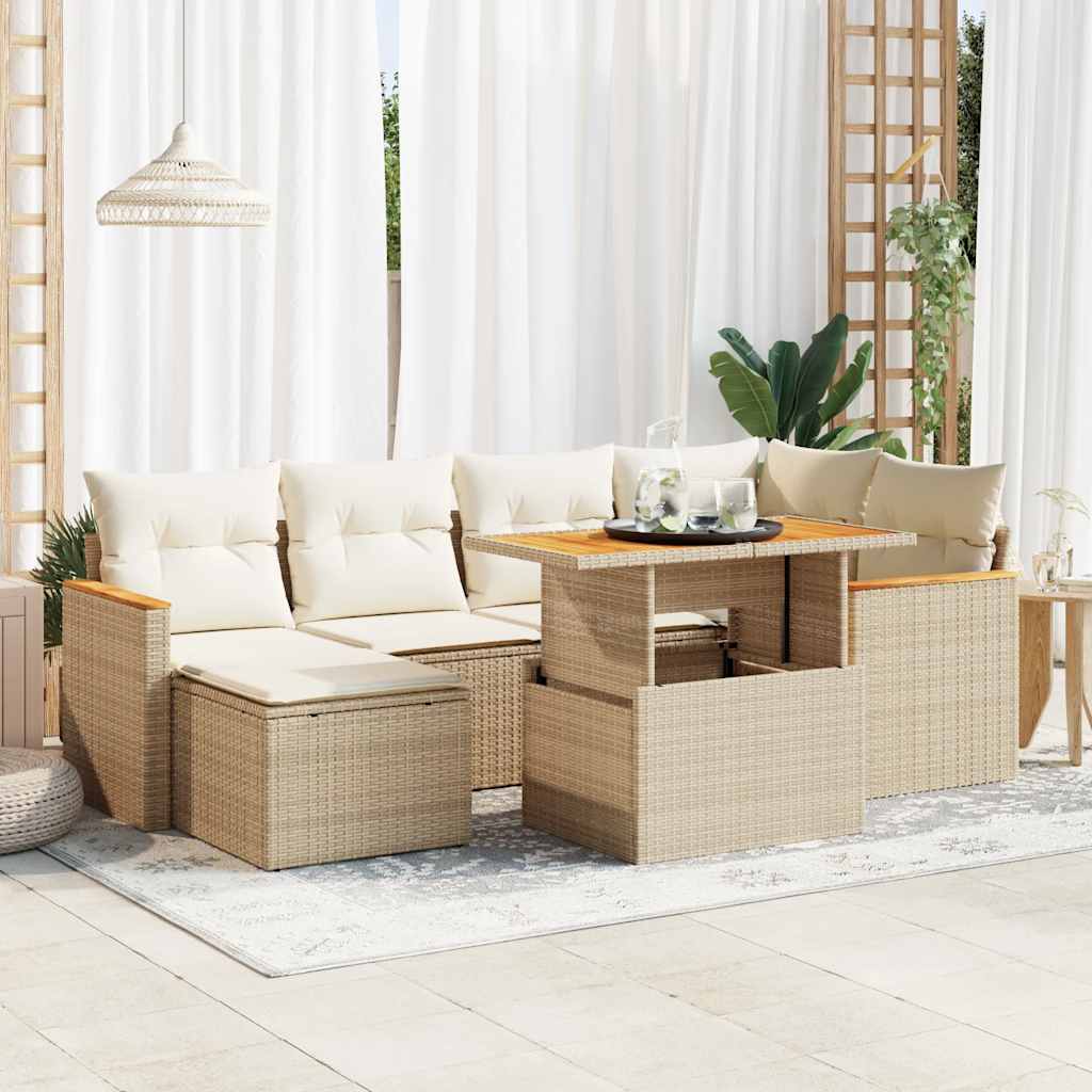 vidaXL 7-tlg. Garten-Sofagarnitur mit Kissen Beige Poly Rattan Akazie