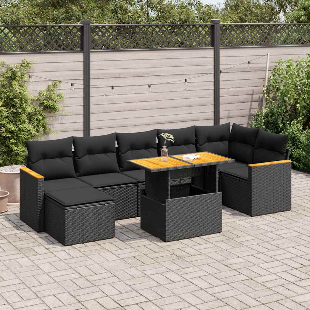 vidaXL Set mobilier grădină perne 8 piese negru, poliratan/lemn acacia