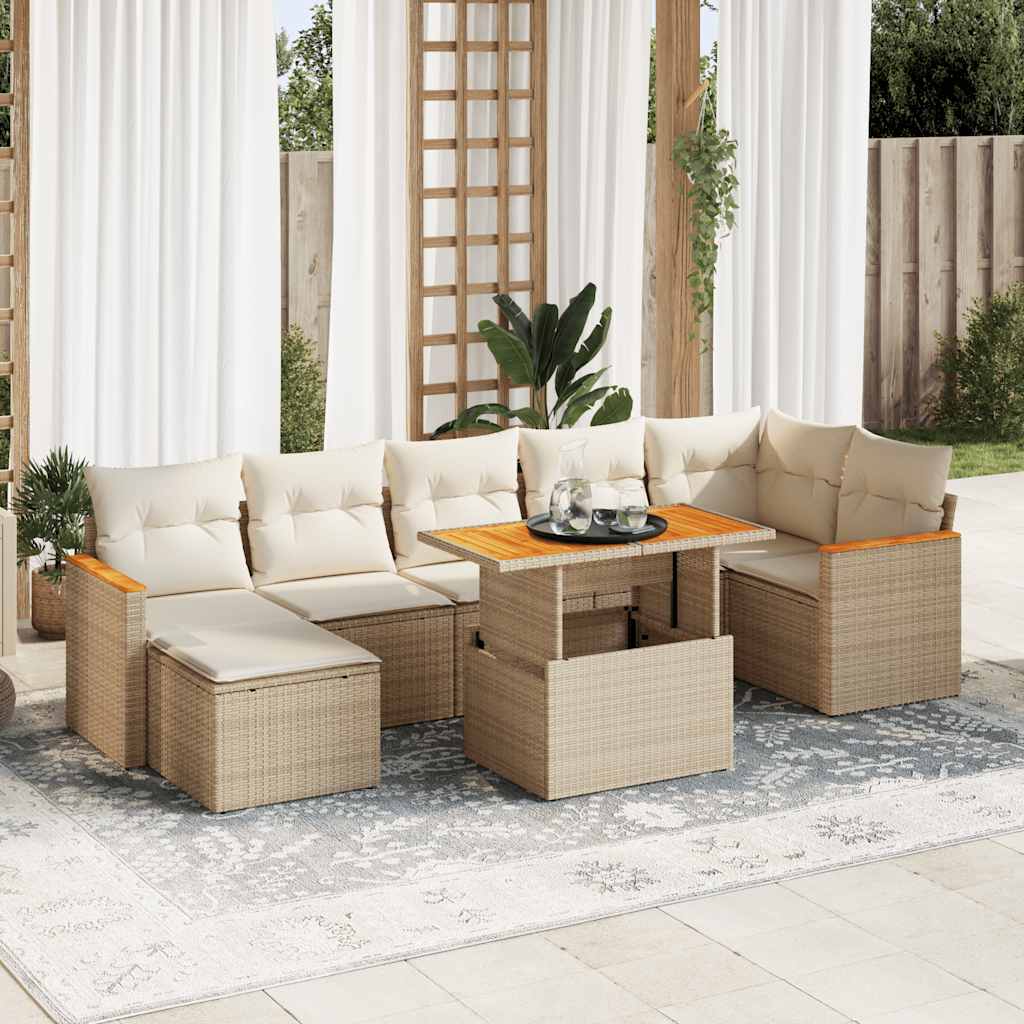 8-tlg. Garten-Sofagarnitur mit Kissen Beige Poly Rattan Akazie