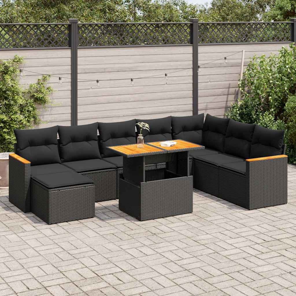 vidaXL 9-tlg. Garten-Sofagarnitur mit Kissen Schwarz Poly Rattan