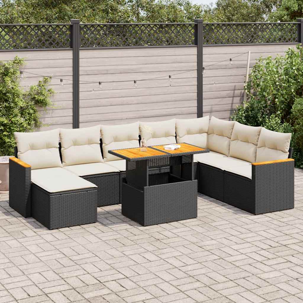 vidaXL Set mobilier grădină perne 9 piese negru poliratan/lemn acacia