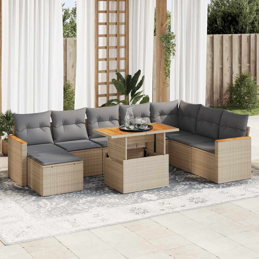 vidaXL 9-tlg. Garten-Sofagarnitur mit Kissen Beige Poly Rattan Akazie