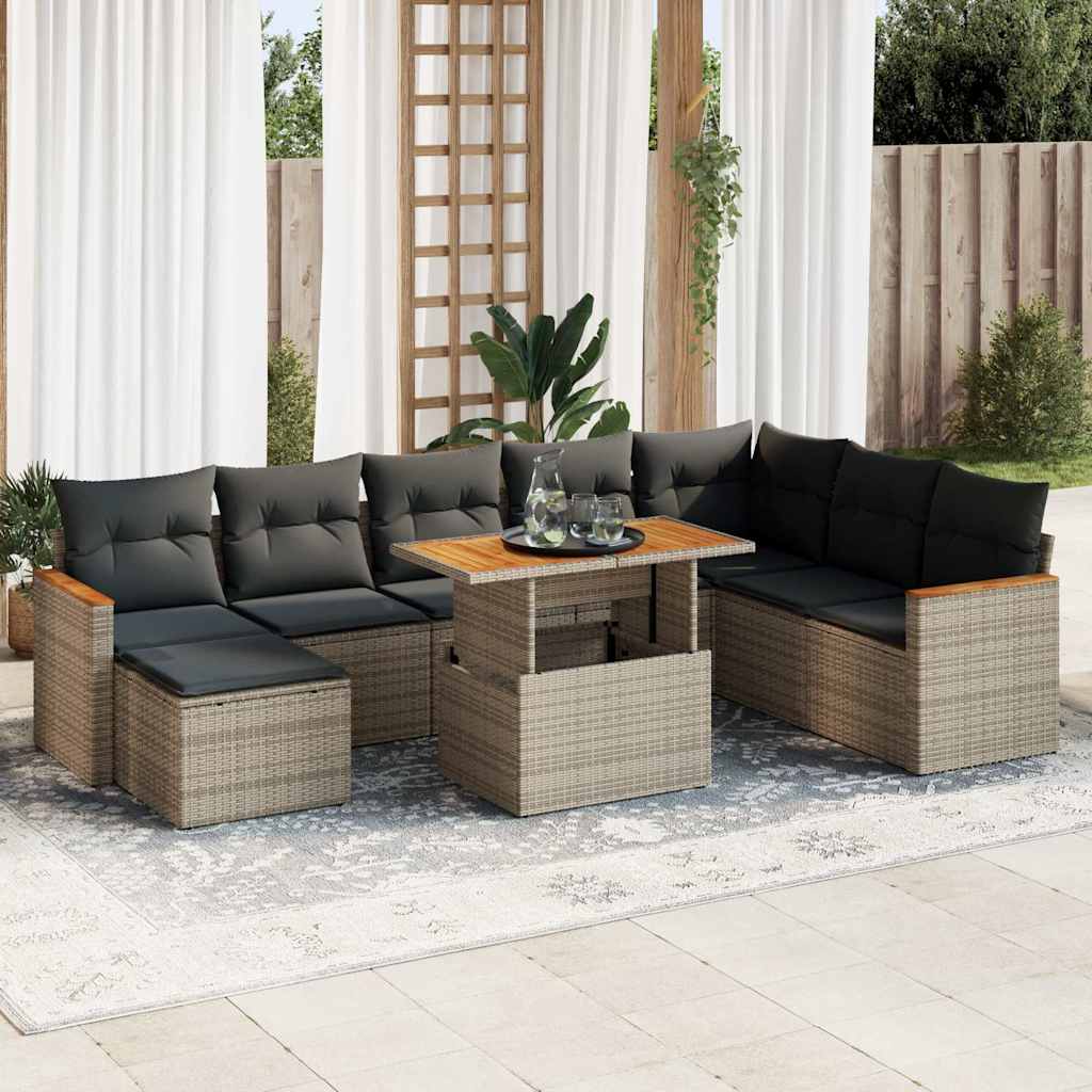 vidaXL 9-tlg. Garten-Sofagarnitur mit Kissen Grau Poly Rattan Akazie