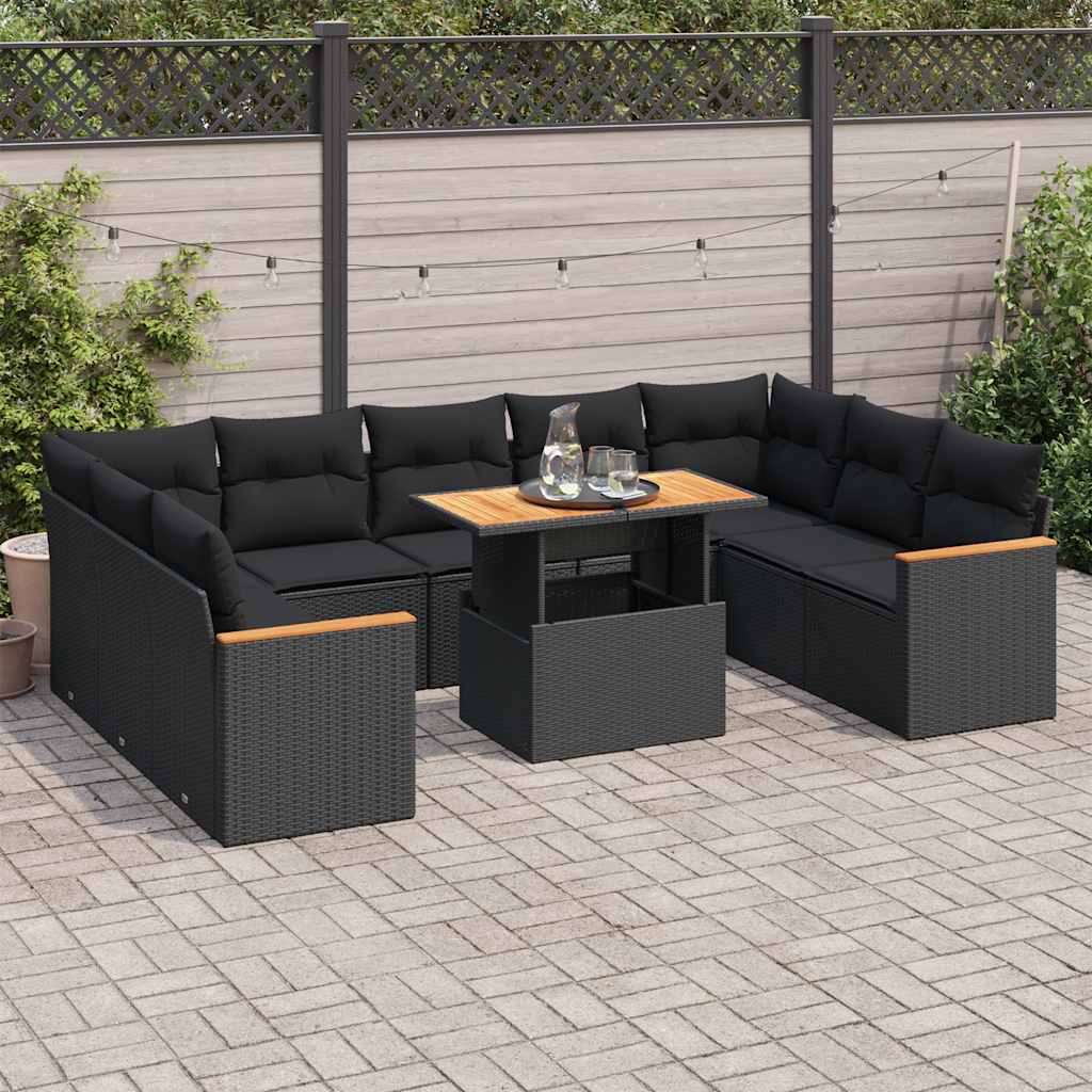 vidaXL 10-tlg. Garten-Sofagarnitur mit Kissen Schwarz Poly Rattan