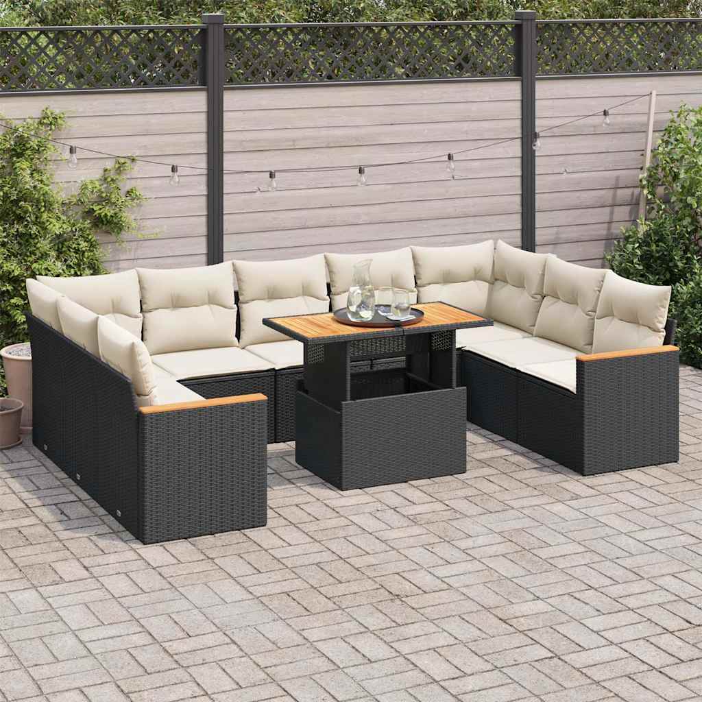 vidaXL 10-tlg. Garten-Sofagarnitur mit Kissen Schwarz Poly Rattan