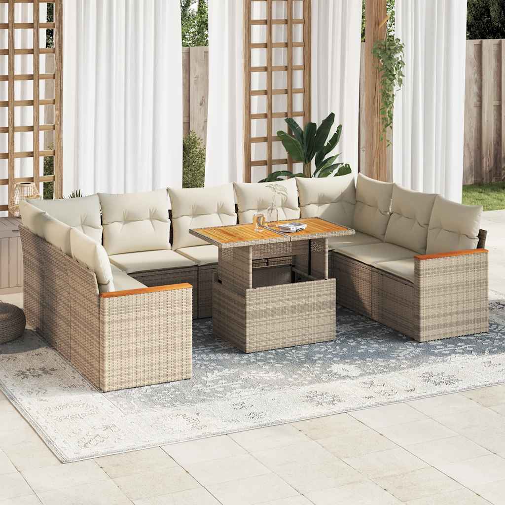 vidaXL 10-tlg. Garten-Sofagarnitur mit Kissen Beige Poly Rattan Akazie