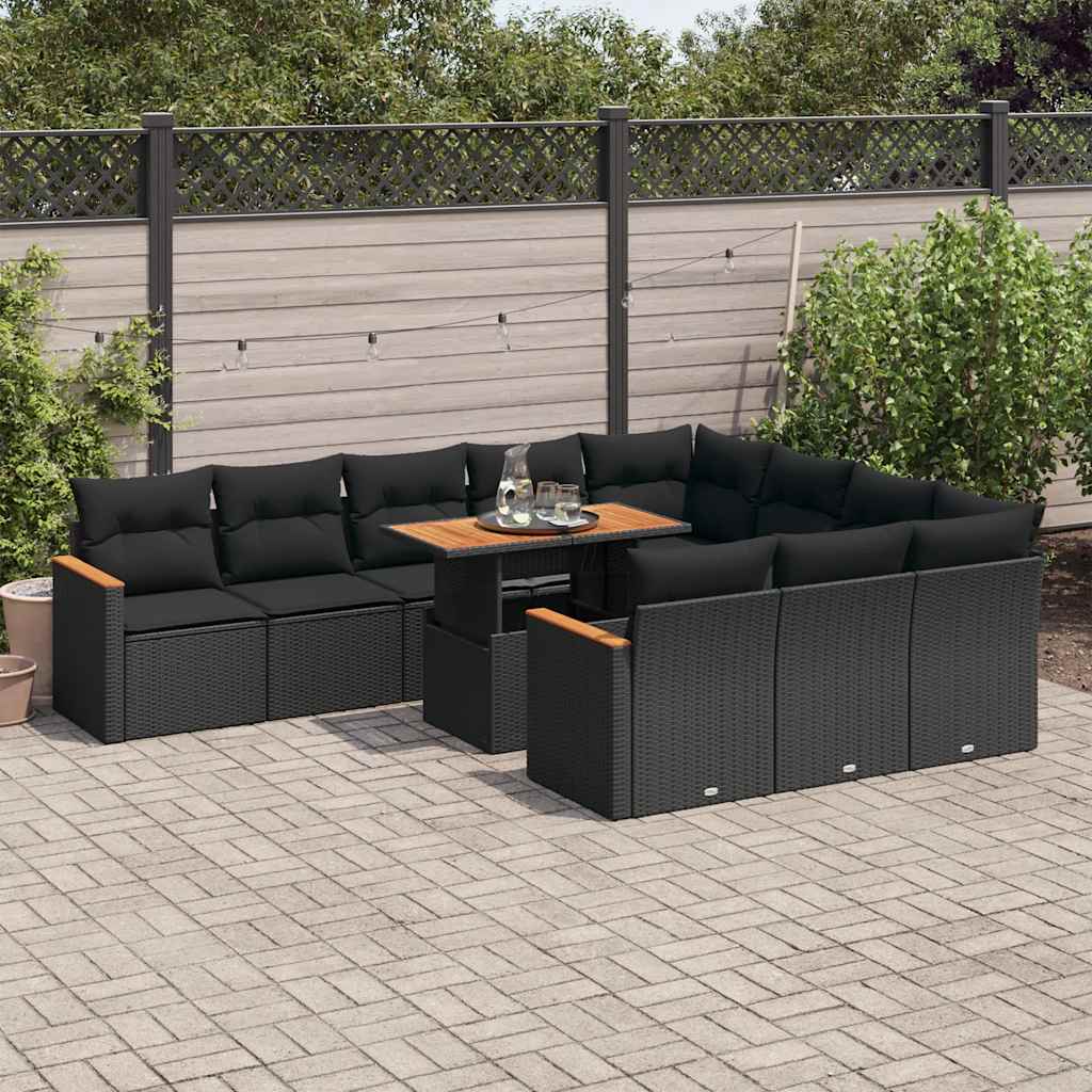 vidaXL 11-tlg. Garten-Sofagarnitur mit Kissen Schwarz Poly Rattan