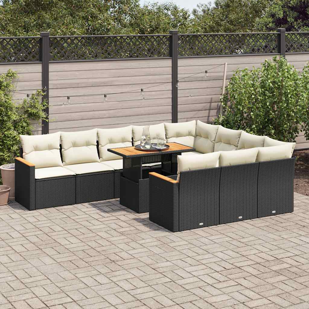 vidaXL 11-tlg. Garten-Sofagarnitur mit Kissen Schwarz Poly Rattan