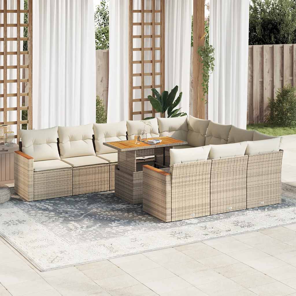 11-tlg. Garten-Sofagarnitur mit Kissen Beige Poly Rattan Akazie