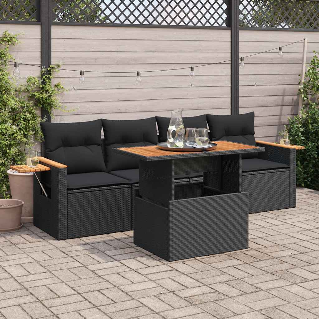 vidaXL 5tlg. Garten-Sofagarnitur mit Kissen Schwarz Poly Rattan Akazie