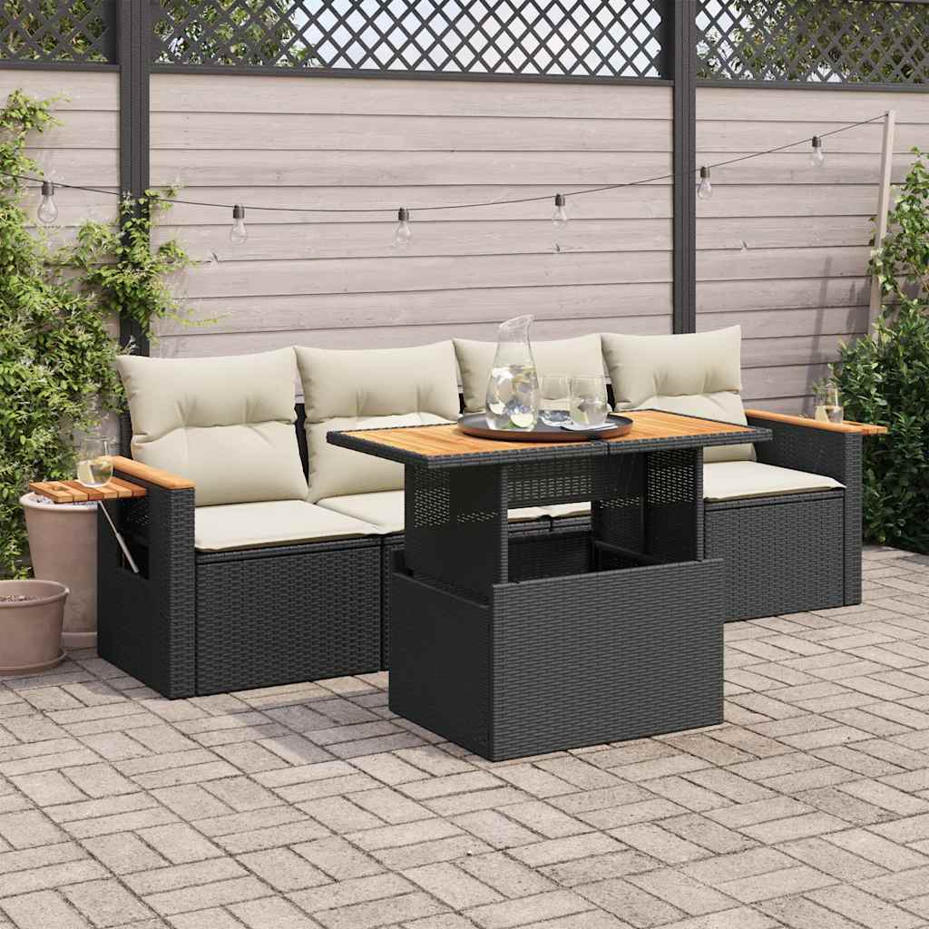 vidaXL 5tlg. Garten-Sofagarnitur mit Kissen Schwarz Poly Rattan Akazie