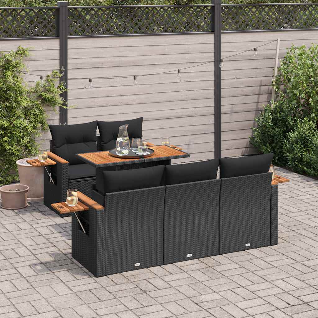 vidaXL 6-tlg. Garten-Sofagarnitur mit Kissen Schwarz Poly Rattan