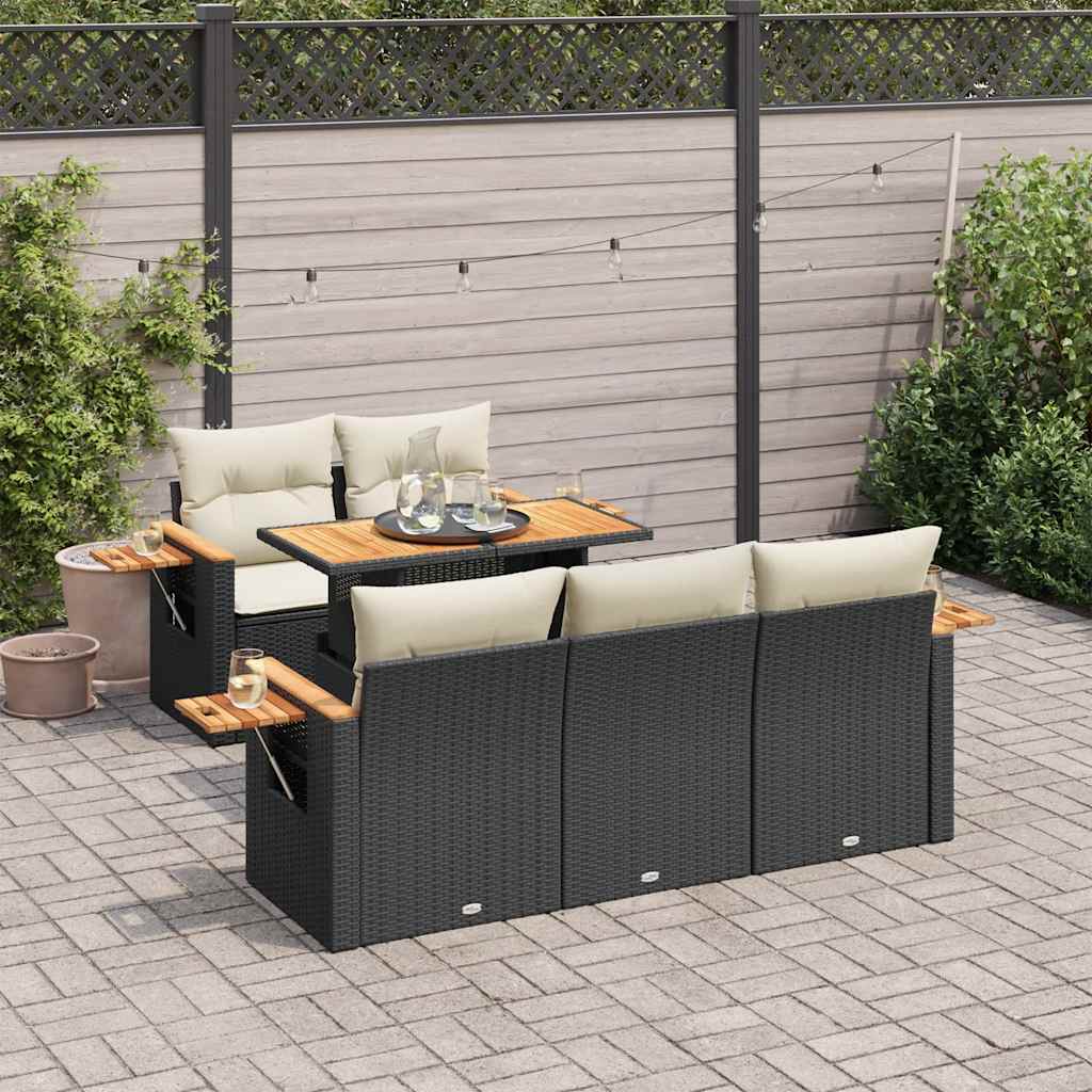 vidaXL 6-tlg. Garten-Sofagarnitur mit Kissen Schwarz Poly Rattan