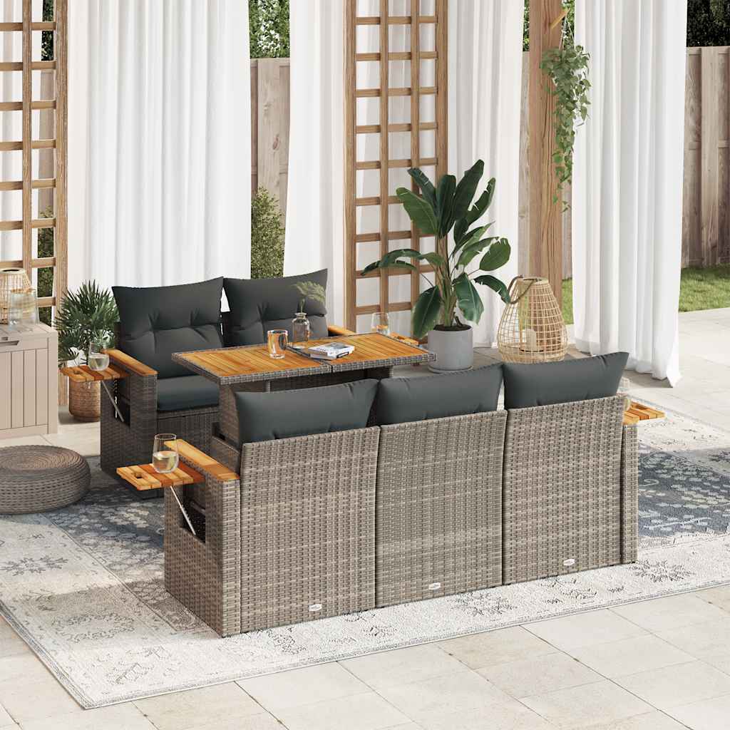 vidaXL 6-tlg. Garten-Sofagarnitur mit Kissen Grau Poly Rattan Akazie