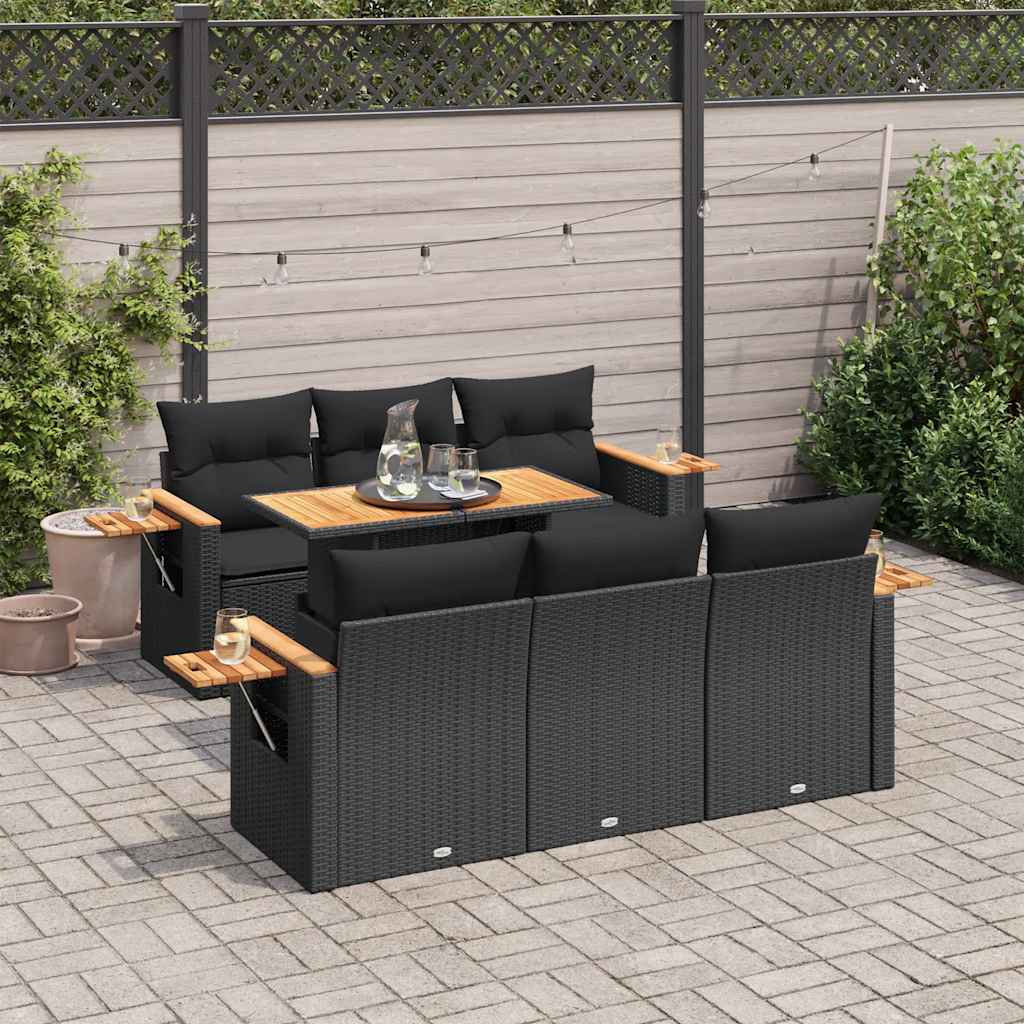 vidaXL 7-tlg. Garten-Sofagarnitur mit Kissen Schwarz Poly Rattan