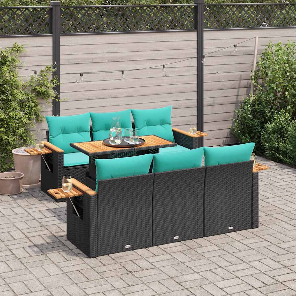 vidaXL 7-tlg. Garten-Sofagarnitur mit Kissen Schwarz Poly Rattan