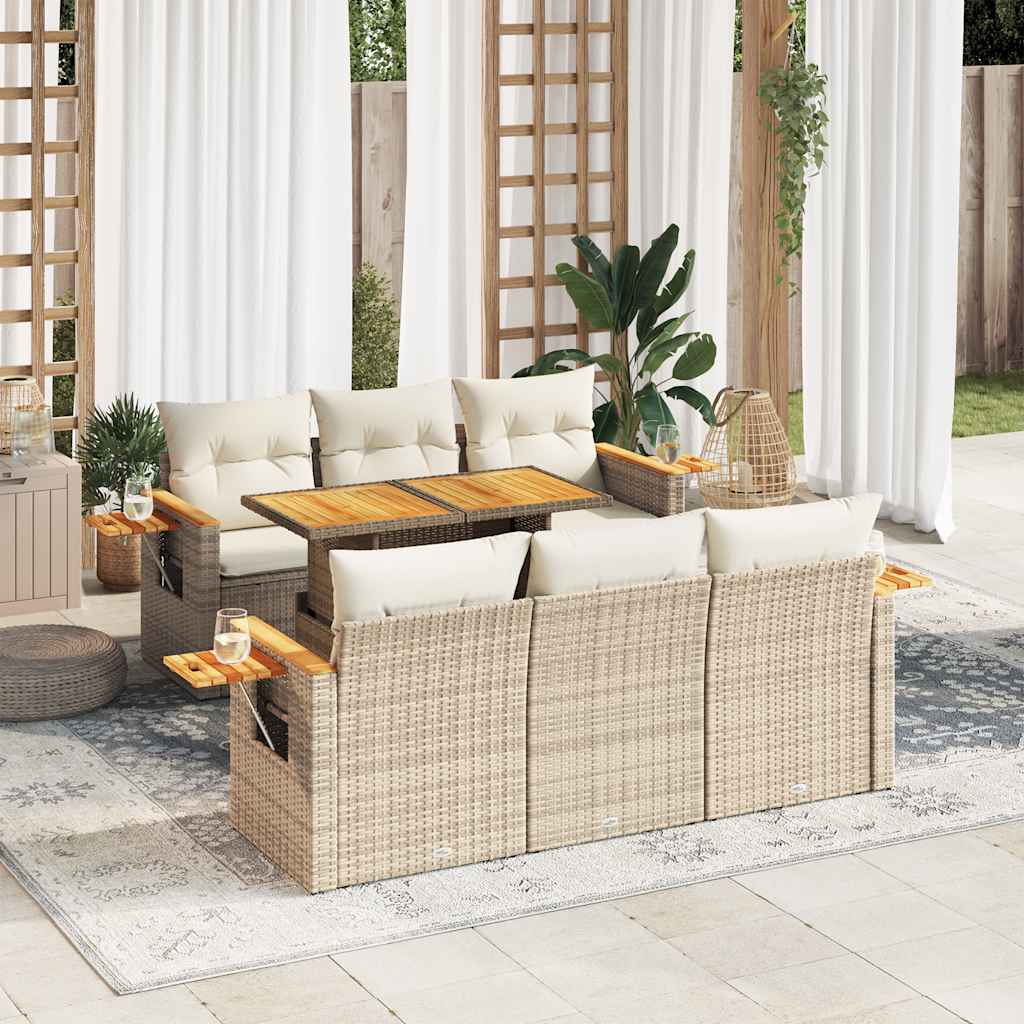 vidaXL 7-tlg. Garten-Sofagarnitur mit Kissen Beige Poly Rattan Akazie