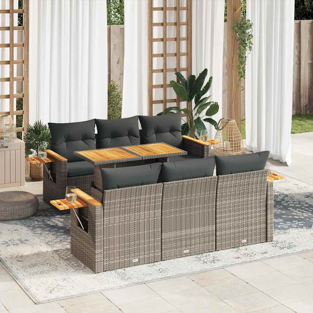 vidaXL 7-tlg. Garten-Sofagarnitur mit Kissen Grau Poly Rattan Akazie