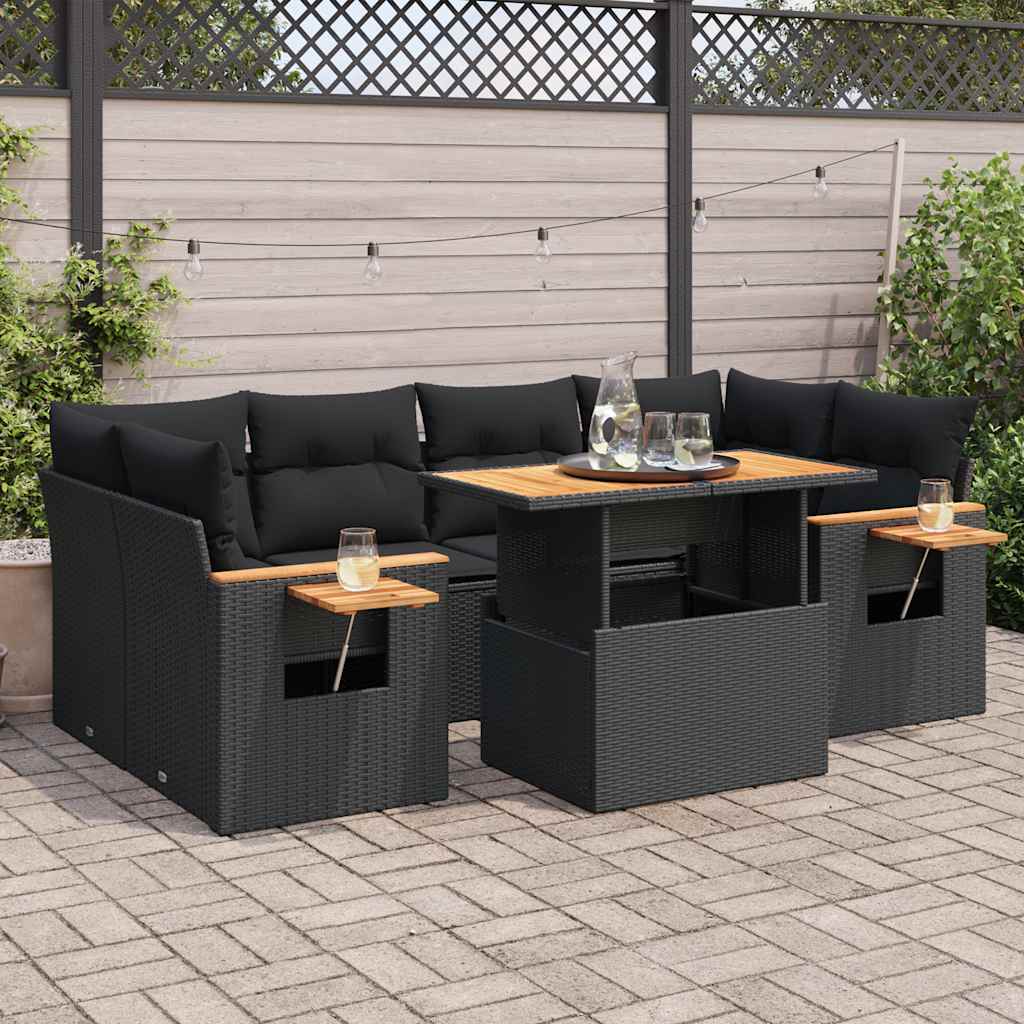 vidaXL 7-tlg. Garten-Sofagarnitur mit Kissen Schwarz Poly Rattan